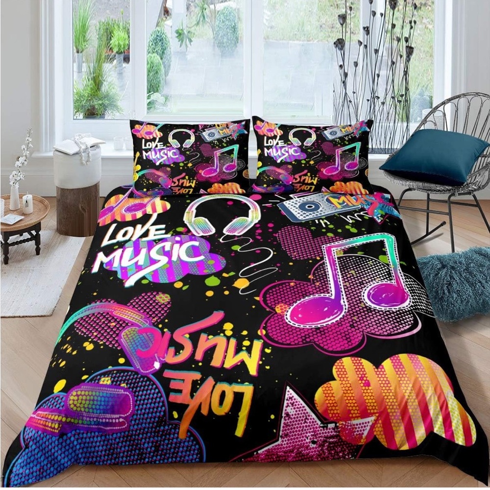 Music-Themed Duvet Cover 3-Piece Set Full Size Cover, Pillowcases NEW